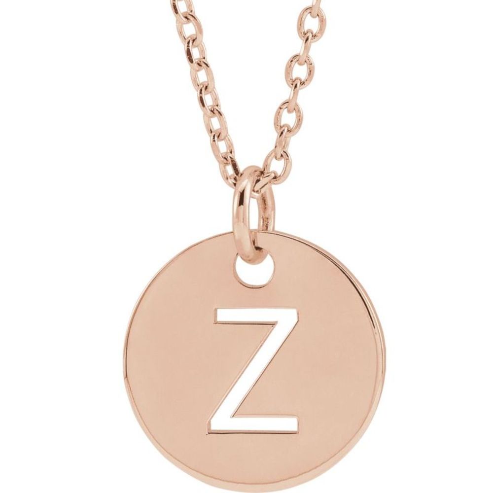 14k Rose Gold Initial Z, Small 10mm Pierced Disc Necklace, 16-18 Inch